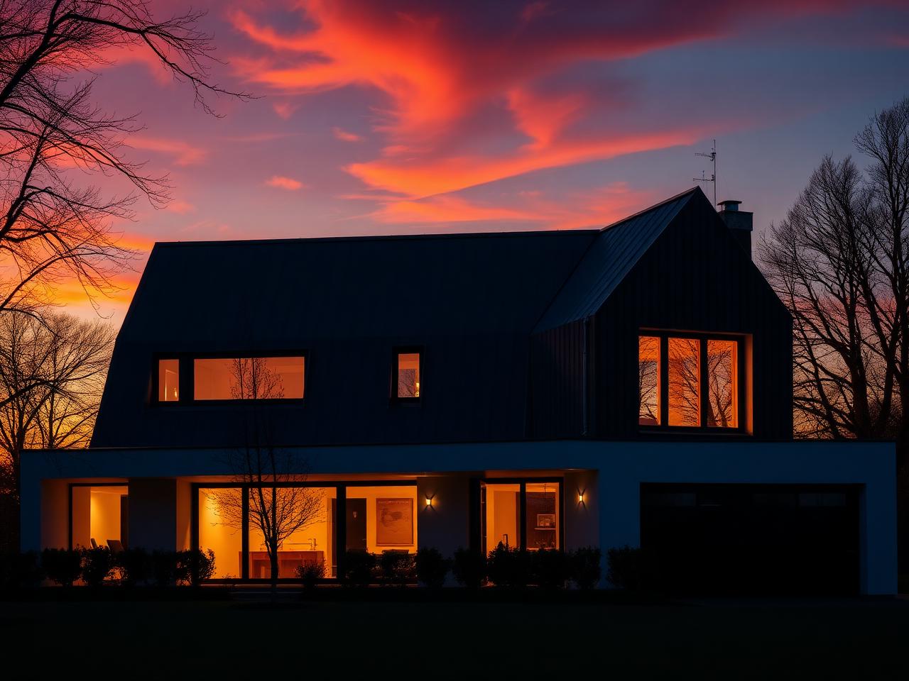 Maison moderne au coucher de soleil